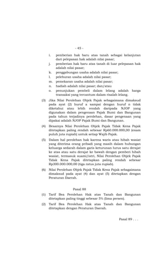 - 45 -

      i. pemberian hak baru atas tanah sebagai kelanjutan
         dari pelepasan hak adalah nilai pasar;
      j. pemberian hak baru atas tanah di luar pelepasan hak
         adalah nilai pasar;
      k. penggabungan usaha adalah nilai pasar;
      l. peleburan usaha adalah nilai pasar;
      m. pemekaran usaha adalah nilai pasar;
      n. hadiah adalah nilai pasar; dan/atau
      o. penunjukan pembeli dalam lelang adalah harga
         transaksi yang tercantum dalam risalah lelang.
(3)   Jika Nilai Perolehan Objek Pajak sebagaimana dimaksud
      pada ayat (2) huruf a sampai dengan huruf n tidak
      diketahui atau lebih rendah daripada NJOP yang
      digunakan dalam pengenaan Pajak Bumi dan Bangunan
      pada tahun terjadinya perolehan, dasar pengenaan yang
      dipakai adalah NJOP Pajak Bumi dan Bangunan.
(4)   Besarnya Nilai Perolehan Objek Pajak Tidak Kena Pajak
      ditetapkan paling rendah sebesar Rp60.000.000,00 (enam
      puluh juta rupiah) untuk setiap Wajib Pajak.
(5)   Dalam hal perolehan hak karena waris atau hibah wasiat
      yang diterima orang pribadi yang masih dalam hubungan
      keluarga sedarah dalam garis keturunan lurus satu derajat
      ke atas atau satu derajat ke bawah dengan pemberi hibah
      wasiat, termasuk suami/istri, Nilai Perolehan Objek Pajak
      Tidak Kena Pajak ditetapkan paling rendah sebesar
      Rp300.000.000,00 (tiga ratus juta rupiah).
(6)   Nilai Perolehan Objek Pajak Tidak Kena Pajak sebagaimana
      dimaksud pada ayat (4) dan ayat (5) ditetapkan dengan
      Peraturan Daerah.


                     Pasal 88
(1)   Tarif Bea Perolehan Hak atas Tanah dan Bangunan
      ditetapkan paling tinggi sebesar 5% (lima persen).
(2)   Tarif Bea Perolehan Hak atas Tanah dan Bangunan
      ditetapkan dengan Peraturan Daerah.


                                                 Pasal 89 . . .
 