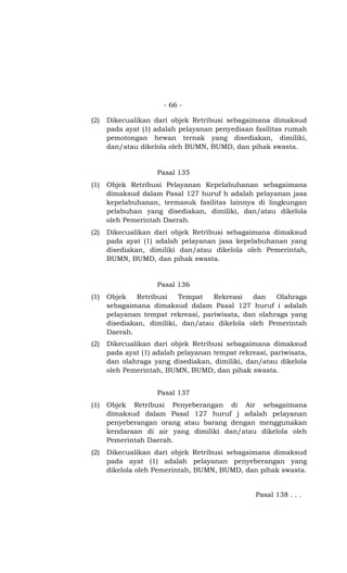 - 66 -

(2)   Dikecualikan dari objek Retribusi sebagaimana dimaksud
      pada ayat (1) adalah pelayanan penyediaan fasilitas rumah
      pemotongan hewan ternak yang disediakan, dimiliki,
      dan/atau dikelola oleh BUMN, BUMD, dan pihak swasta.


                    Pasal 135
(1)   Objek Retribusi Pelayanan Kepelabuhanan sebagaimana
      dimaksud dalam Pasal 127 huruf h adalah pelayanan jasa
      kepelabuhanan, termasuk fasilitas lainnya di lingkungan
      pelabuhan yang disediakan, dimiliki, dan/atau dikelola
      oleh Pemerintah Daerah.
(2)   Dikecualikan dari objek Retribusi sebagaimana dimaksud
      pada ayat (1) adalah pelayanan jasa kepelabuhanan yang
      disediakan, dimiliki dan/atau dikelola oleh Pemerintah,
      BUMN, BUMD, dan pihak swasta.


                    Pasal 136
(1)   Objek    Retribusi   Tempat   Rekreasi   dan    Olahraga
      sebagaimana dimaksud dalam Pasal 127 huruf i adalah
      pelayanan tempat rekreasi, pariwisata, dan olahraga yang
      disediakan, dimiliki, dan/atau dikelola oleh Pemerintah
      Daerah.
(2)   Dikecualikan dari objek Retribusi sebagaimana dimaksud
      pada ayat (1) adalah pelayanan tempat rekreasi, pariwisata,
      dan olahraga yang disediakan, dimiliki, dan/atau dikelola
      oleh Pemerintah, BUMN, BUMD, dan pihak swasta.


                    Pasal 137
(1)   Objek Retribusi Penyeberangan di Air sebagaimana
      dimaksud dalam Pasal 127 huruf j adalah pelayanan
      penyeberangan orang atau barang dengan menggunakan
      kendaraan di air yang dimiliki dan/atau dikelola oleh
      Pemerintah Daerah.
(2)   Dikecualikan dari objek Retribusi sebagaimana dimaksud
      pada ayat (1) adalah pelayanan penyeberangan yang
      dikelola oleh Pemerintah, BUMN, BUMD, dan pihak swasta.


                                                 Pasal 138 . . .
 