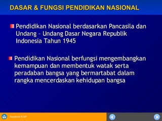 DASAR & FUNGSI PENDIDIKAN NASIONAL  Pendidikan Nasional berdasarkan Pancasila dan Undang – Undang Dasar Negara Republik Indonesia Tahun 1945 Pendidikan Nasional berfungsi mengembangkan kemampuan dan membentuk watak serta peradaban bangsa yang bermartabat dalam rangka mencerdaskan kehidupan bangsa  