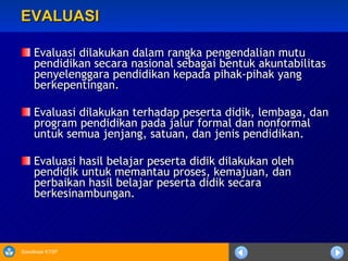 EVALUASI Evaluasi dilakukan dalam rangka pengendalian mutu pendidikan secara nasional sebagai bentuk akuntabilitas penyelenggara pendidikan kepada pihak-pihak yang berkepentingan. Evaluasi dilakukan terhadap peserta didik, lembaga, dan program pendidikan pada jalur formal dan nonformal untuk semua jenjang, satuan, dan jenis pendidikan. Evaluasi hasil belajar peserta didik dilakukan oleh pendidik untuk memantau proses, kemajuan, dan perbaikan hasil belajar peserta didik secara berkesinambungan. 