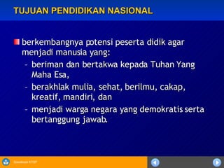 TUJUAN PENDIDIKAN NASIONAL berkembangnya potensi peserta didik agar menjadi manusia yang: beriman dan bertakwa kepada Tuhan Yang Maha Esa,  berakhlak mulia, sehat, berilmu, cakap, kreatif, mandiri, dan  menjadi warga negara yang demokratis serta bertanggung jawab.   