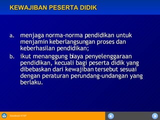 KEWAJIBAN PESERTA DIDIK menjaga norma-norma pendidikan untuk menjamin keberlangsungan proses dan keberhasilan pendidikan;   ikut menanggung biaya penyelenggaraan pendidikan, kecuali bagi peserta didik yang dibebaskan dari kewajiban tersebut sesuai dengan peraturan perundang-undangan yang berlaku. 
