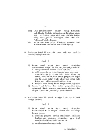 -9(1b)

(2)

Usul pemberhentian
hakim
yang dilakukan
oleh Komisi Yudisial sebagaimana dimaksud pada
ayat (1a) hanya dapat dilakukan apabila hakim
yang bersangkutan melanggar Kode Etik dan
Pedoman Perilaku Hakim.
Ketua dan wakil ketua pengadilan diangkat dan
diberhentikan oleh Ketua Mahkamah Agung.

8. Ketentuan Pasal 19 ayat (1) diubah sehingga Pasal 19
berbunyi sebagai berikut:

Pasal 19
(1)

(2)

Ketua,
wakil
ketua,
dan
hakim
pengadilan
diberhentikan dengan hormat dari jabatannya karena:
a. atas permintaan sendiri secara tertulis;
b. sakit jasmani atau rohani secara terus-menerus;
c. telah berumur 65 (enam puluh lima) tahun bagi
ketua, wakil ketua, dan hakim pengadilan negeri,
dan 67 (enam puluh tujuh) tahun bagi ketua, wakil
ketua, dan hakim pengadilan tinggi; atau
d. ternyata tidak cakap dalam menjalankan tugasnya.
Ketua, wakil ketua, dan hakim pengadilan yang
meninggal dunia dengan sendirinya diberhentikan
dengan hormat dari jabatannya oleh Presiden.

9. Ketentuan Pasal 20 diubah sehingga Pasal 20 berbunyi
sebagai berikut:
Pasal 20
(1)

Ketua,
wakil
ketua,
dan
hakim
pengadilan
diberhentikan tidak dengan hormat dari jabatannya
dengan alasan:
a. dipidana penjara karena melakukan kejahatan
berdasarkan putusan pengadilan yang telah
memperoleh kekuatan hukum tetap;
b. melakukan perbuatan tercela;
c. melalaikan . . .

 