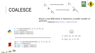 COALESCE
x = sc.parallelize([1, 2, 3, 4, 5], 3)
y = x.coalesce(2)
print(x.glom().collect())
print(y.glom().collect())
[[1], [2, 3], [4, 5]]
[[1], [2, 3, 4, 5]]
x:
y:
coalesce(numPartitions, shuffle=False)
Return a new RDD which is reduced to a smaller number of
partitions
val x = sc.parallelize(Array(1, 2, 3, 4, 5), 3)
val y = x.coalesce(2)
val xOut = x.glom().collect()
val yOut = y.glom().collect()
C
B
C
A
AB
 