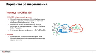 10
 Office365 - убедительный аргумент
» Microsoft сделала переход на Office365 убедительной
историей - простота, низкая совокупная стоимость
владения, только расходы на OPEX ……
» Встроенная защита от нежелательной почты и
антиспама не всегда адекватна ... .. Даже с Exchange
Online Protection.
» Отсутствуют функции шифрования и DLP в Office 365
 Решение
» FortiMail можно развернуть вместе с Office 365 в
Microsoft Azure Cloud для повышения безопасности и
защиты контента.
Варианты развертывания
Переход на Office365
 
