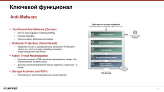 14
 FortiGuard Anti-Malware (On-box)
» One-to-many signature matching (CPRL)
» Heuristic detection
» Code emulation & Behavioural analysis
 Outbreak Protection (Cloud based)
» Задержка письма с одновременным запросом в FortiGuard –
«были ли у кого-то в мире подобные письма?»,
предотвращение 0-day threat
 Active Threat Neutralization
» Изъятие активного HTML-контента и вложений из писем, для
нейтрализации активных угроз
» Доставка нейтрализированой версии адресату, а оригинал – в
архив
 Decrypt Archives and PDFs
» Популярные и кастомизированные списки паролей
Ключевой функционал
Anti-Malware
File Sample
Действие на основе профилей
Файл отбрасывается, помещается в карантин или в лог
Outbreak detection
Behavioral Analysis
Code Emulation
Decryption/unpacker System
Signature Match
(CPRL/Checksum)
FortiGuard Data
Analytics
 