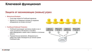 15
 Behavioural Analysis
» Fuzzy logic engine for FortiGuard signatures
» Является ли поведение похожим на недавние
обнаружения на основе сигнатур?
 FortiGuard Outbreak Protection
» FortiGuard анализирует миллионы emails в час от
тысяч устройств в Интернете и способна
идентифицировать новый спам и malware в считанные
минуты.
» Подозрительные вложения, обнаруженные в
известном спаме, блокируются до полной оценки
FortiGuard Labs.
Ключевой функционал
Защита от возникающих (новых) угроз
 