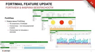 23
FortiView
 Новое меню FortiView
» По аналогии с FortiGate
» Статистика – топ пользователей
и угроз
» Статистика по письмам и
сессиям
FORTIMAIL FEATURE UPDATE
FORTIVIEW & ФАБРИКА БЕЗОПАСНОСТИ
 