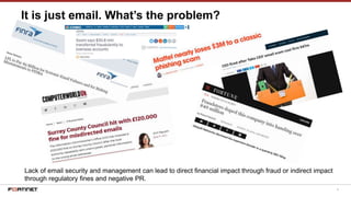 4
It is just email. What’s the problem?
Lack of email security and management can lead to direct financial impact through fraud or indirect impact
through regulatory fines and negative PR.
 