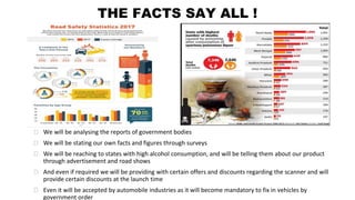 THE FACTS SAY ALL !
⮚ We will be analysing the reports of government bodies
⮚ We will be stating our own facts and figures through surveys
⮚ We will be reaching to states with high alcohol consumption, and will be telling them about our product
through advertisement and road shows
⮚ And even if required we will be providing with certain offers and discounts regarding the scanner and will
provide certain discounts at the launch time
⮚ Even it will be accepted by automobile industries as it will become mandatory to fix in vehicles by
government order
 