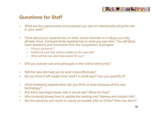 Questions for Staff
•   What are the opportunities and potential you see for intentionally using the site
    in your work?

•   Think about your experiences on other social networks or in blogs you may
    already have. Compare those experiences to what you see here. You will likely
    have questions and comments from the comparison. Examples:
     –   Privacy concerns?
     –   Additional work that will be created by the new site?
     –   What will the new site make easier for you?

•   Will you actively use and participate in the online community?

•   Will the new site help you to work more effectively?
•   Do you think it will create more work? In what way? Can you quantify it?

•   What marketing opportunities can you think of arise because of this new
    technology?
•   Are there new legal issues with a social site? What are they?
•   Who currently knows how to update the existing site? Names and contact info?
•   Are the sermons and mp3s on easily accessible CDs or DVDs? Who has them?
                                                                                    18
 