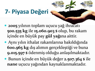7- Piyasa Değeri 
 2005 yılının toplam uçucu yağ ihracatı 
500.535 kg ile 15.060.903 $ olup, bu rakam 
içinde en büyük pay gül yağına aittir. 
 Aynı yılın ithalat rakamlarına bakıldığında 
600.965 kg dış alımın gerçekleştiği ve buna 
9.015.597 $ ödenmiş olduğu anlaşılmaktadır. 
 Bunun içinde en büyük değer 2.507.364 $ ile 
nane uçucu yağından kaynaklanmaktadır. 
 