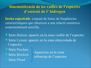 Sistematització de les ratlles de l’espectre
          d’emissió de l’ hidrogen
Series espectrals: conjunt de línies de freqüències
característiques que obeeixen a una relació numèrica
sorprenentment senzilla.

Sèrie Balmer: apareix en la zona visible de l’espectre.
Sèrie Lyman: apareix en la zona ultraviolada de
 l’espectre.
Sèrie Paschen
                    Apareixen en la zona
Sèrie Brackett
                    infrarroja de l’espectre.
Sèrie Pfund
                                                           12
 