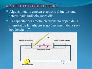 4.2. EFECTE FOTOELÈCTRIC.
Alguns metalls emeten electrons al incidir una
 determinada radiació sobre ells.
La capacitat per emetre electrons no depèn de la
 intensitat de la radiació si no únicament de la seva
 freqüència “ν”.




                                                        16
 