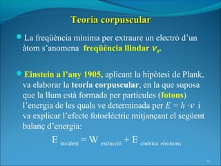 Teoria corpuscular
La freqüència mínima per extraure un electró d’un
 àtom s’anomena freqüència llindar ν 0.

Einstein a l’any 1905, aplicant la hipòtesi de Plank,
 va elaborar la teoria corpuscular, en la que suposa
 que la llum està formada per partícules (fotons)
 l’energia de les quals ve determinada per E = h ·ν i
 va explicar l’efecte fotoelèctric mitjançant el següent
 balanç d’energia:
          E incident = W extracció + E cinètica electrons
                                                            17
 