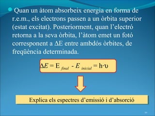 Quan un àtom absorbeix energia en forma de
 r.e.m., els electrons passen a un òrbita superior
 (estat excitat). Posteriorment, quan l’electró
 retorna a la seva òrbita, l’àtom emet un fotó
 corresponent a ∆E entre ambdós òrbites, de
 freqüència determinada.

           ∆E = E final - E inicial = h·υ



       Explica els espectres d’emissió ii d’absorció
       Explica els espectres d’emissió d’absorció
                                                       20
 