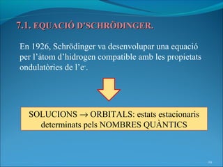 7.1. EQUACIÓ D’SCHRÖDINGER.

En 1926, Schrödinger va desenvolupar una equació
per l’àtom d’hidrogen compatible amb les propietats
ondulatòries de l’e-.




  SOLUCIONS → ORBITALS: estats estacionaris
    determinats pels NOMBRES QUÀNTICS



                                                      29
 