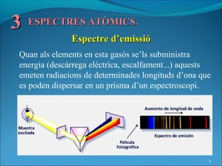 3 ESPECTRES ATÒMICS.
               Espectre d’emissió
 Quan als elements en esta gasós se’ls subministra
 energia (descàrrega elèctrica, escalfament...) aquests
 emeten radiacions de determinades longituds d’ona que
 es poden dispersar en un prisma d’un espectroscopi.




                                                      9
 