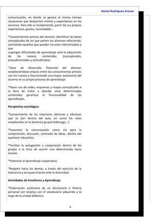 Daniel Rodríguez Arenas

comunicación, en donde se genere al mismo tiempo
situaciones que despierten interés y expectativas en los
alumnos. Para ello es fundamental, partir de sus propias
experiencias, gustos, necesidades...

*Conocimientos previos del alumno: identificar las bases
conceptuales de las que parten los alumnos reforzando,
asentando aquellos que puedan no estar interiorizados y
que
supongan dificultades de aprendizaje ante la adquisición
de    los     nuevos      contenidos     (conceptuales,
procedimentales y actitudinales).

*Zona de Desarrollo Potencial del alumno:
estableciéndose enlaces entre los conocimientos previos
con los nuevos y favoreciendo una mayor autonomía del
alumno en su propio proceso de aprendizaje.

*Hacer uso de redes, esquemas y mapas conceptuales a
la hora de tratar y abordar unos determinados
contenidos garantiza la funcionalidad de los
aprendizajes.

Perspectiva sociológica:

*Conocimiento de las relaciones afectivas y efectivas
que se dan dentro del aula, así como los roles
establecidos en la dinámica grupal (liderazgo...).

*Favorecer la comunicación como vía para la
comprensión, discusión, contraste de ideas...dentro del
quehacer educativo.

*Facilitar la autogestión y cooperación dentro de los
grupos a la hora de asumir una determinada tarea
escolar.

*Potenciar el aprendizaje cooperativo.

*Respeto hacia los demás, a través del ejercicio de la
tolerancia y enriquecimiento ante la diversidad.

Actividades de Enseñanza y Aprendizaje

*Elaboración autónoma de un diccionario o fichero
personal con tarjetas con el vocabulario adquirido a lo
largo de la unidad didáctica.


                                              8
 