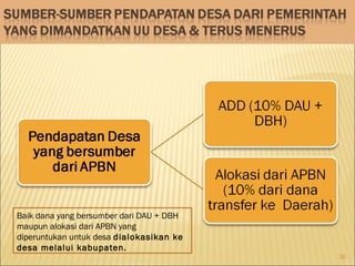 Baik dana yang bersumber dari DAU + DBH
maupun alokasi dari APBN yang
diperuntukan untuk desa dialokasikan ke
desa melalui kabupaten.
30
 