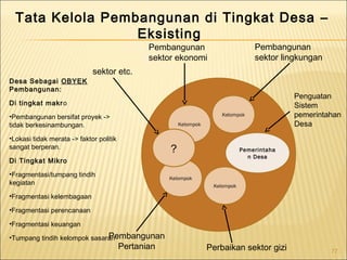 Pembangunan
sektor ekonomi
Pembangunan
sektor lingkungan
Pembangunan
Pertanian Perbaikan sektor gizi
sektor etc.
Tata Kelola Pembangunan di Tingkat Desa –
Eksisting
Pemerintaha
n Desa
Kelompok
Desa Sebagai OBYEK
Pembangunan:
Di tingkat makro
•Pembangunan bersifat proyek ->
tidak berkesinambungan.
•Lokasi tidak merata -> faktor politik
sangat berperan.
Di Tingkat Mikro
•Fragmentasi/tumpang tindih
kegiatan
•Fragmentasi kelembagaan
•Fragmentasi perencanaan
•Fragmentasi keuangan
•Tumpang tindih kelompok sasaran
Penguatan
Sistem
pemerintahan
DesaKelompok
Kelompok
Kelompok
?
77
 