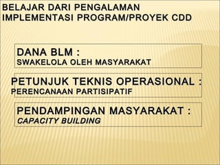 BELAJAR DARI PENGALAMANBELAJAR DARI PENGALAMAN
IMPLEMENTASI PROGRAM/PROYEK CDDIMPLEMENTASI PROGRAM/PROYEK CDD
DANA BLM :DANA BLM :
SWAKELOLA OLEH MASYARAKATSWAKELOLA OLEH MASYARAKAT
DANA BLM :DANA BLM :
SWAKELOLA OLEH MASYARAKATSWAKELOLA OLEH MASYARAKAT
PENDAMPINGANPENDAMPINGAN MASYARAKAT :MASYARAKAT :
CAPACITY BUILDINGCAPACITY BUILDING
PENDAMPINGANPENDAMPINGAN MASYARAKAT :MASYARAKAT :
CAPACITY BUILDINGCAPACITY BUILDING
PETUNJUK TEKNIS OPERASIONAL :PETUNJUK TEKNIS OPERASIONAL :
PERENCANAAN PARTISIPATIFPERENCANAAN PARTISIPATIF
PETUNJUK TEKNIS OPERASIONAL :PETUNJUK TEKNIS OPERASIONAL :
PERENCANAAN PARTISIPATIFPERENCANAAN PARTISIPATIF
 