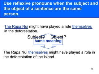 11
Use reflexive pronouns when the subject and
the object of a sentence are the same
person.
The Rapa Nui might have played a role themselves
in the deforestation.
Subject Object
The Rapa Nui themselves might have played a role in
the deforestation of the island.
same meaning
? ?
 