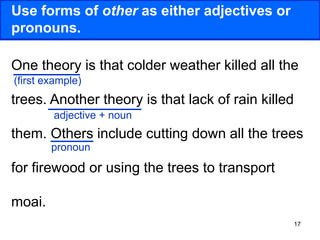 17
Use forms of other as either adjectives or
pronouns.
One theory is that colder weather killed all the
trees. Another theory is that lack of rain killed
them. Others include cutting down all the trees
for firewood or using the trees to transport
moai.
(first example)
adjective + noun
pronoun
 