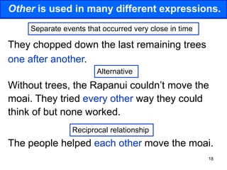18
Other is used in many different expressions.
They chopped down the last remaining trees
one after another.
Separate events that occurred very close in time
Alternative
Reciprocal relationship
Without trees, the Rapanui couldn’t move the
moai. They tried every other way they could
think of but none worked.
The people helped each other move the moai.
 