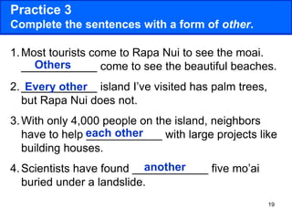 19
Practice 3
Complete the sentences with a form of other.
1.Most tourists come to Rapa Nui to see the moai.
____________ come to see the beautiful beaches.
2.____________ island I’ve visited has palm trees,
but Rapa Nui does not.
3.With only 4,000 people on the island, neighbors
have to help ____________ with large projects like
building houses.
4.Scientists have found ____________ five mo’ai
buried under a landslide.
each other
Others
Every other
another
 