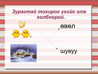 Зурагтай тохирох үгийг олж холбоорой. шувуу өвөл 