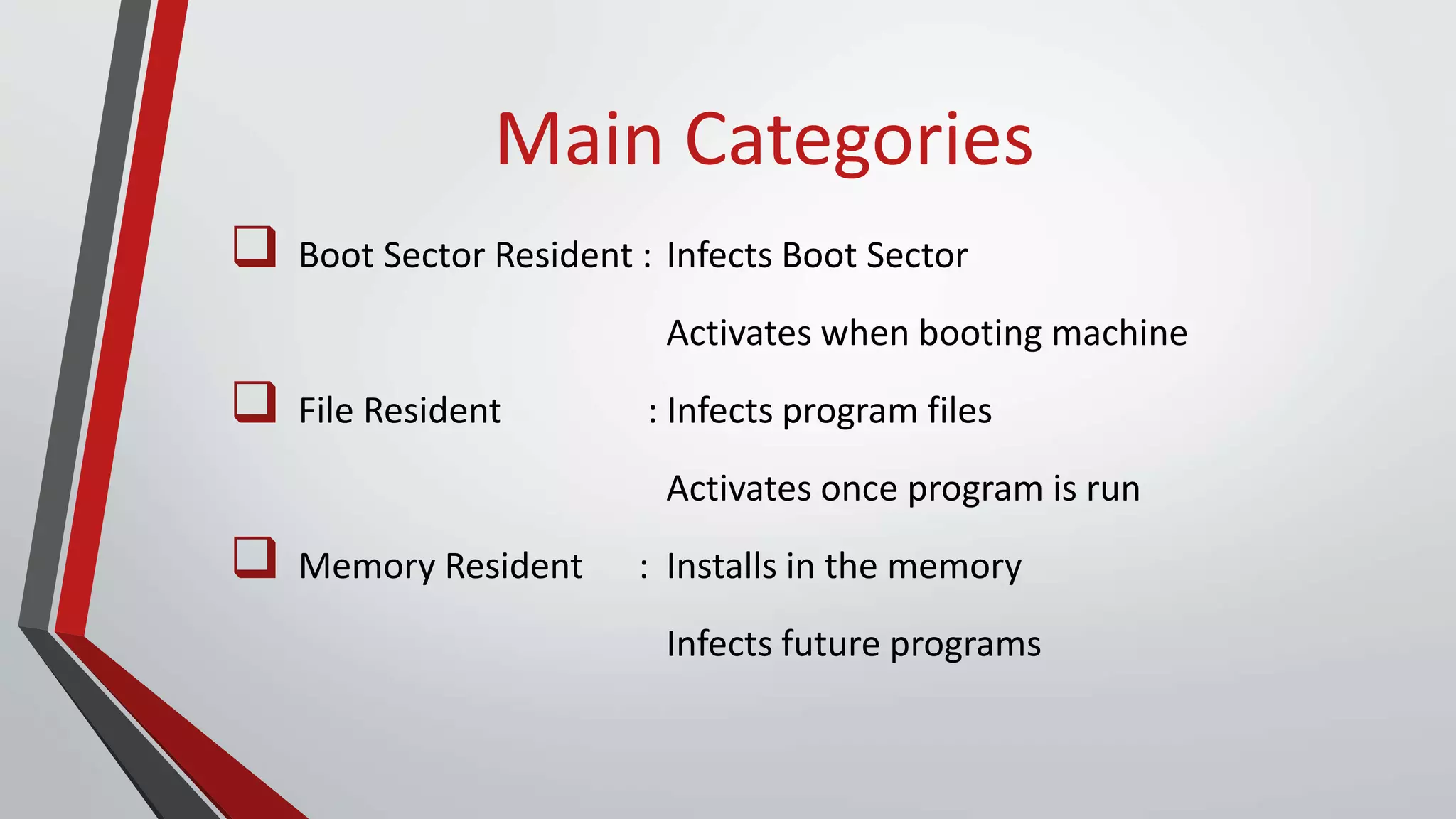 Main Categories
 Boot Sector Resident : Infects Boot Sector
Activates when booting machine
 File Resident : Infects program files
Activates once program is run
 Memory Resident : Installs in the memory
Infects future programs
 