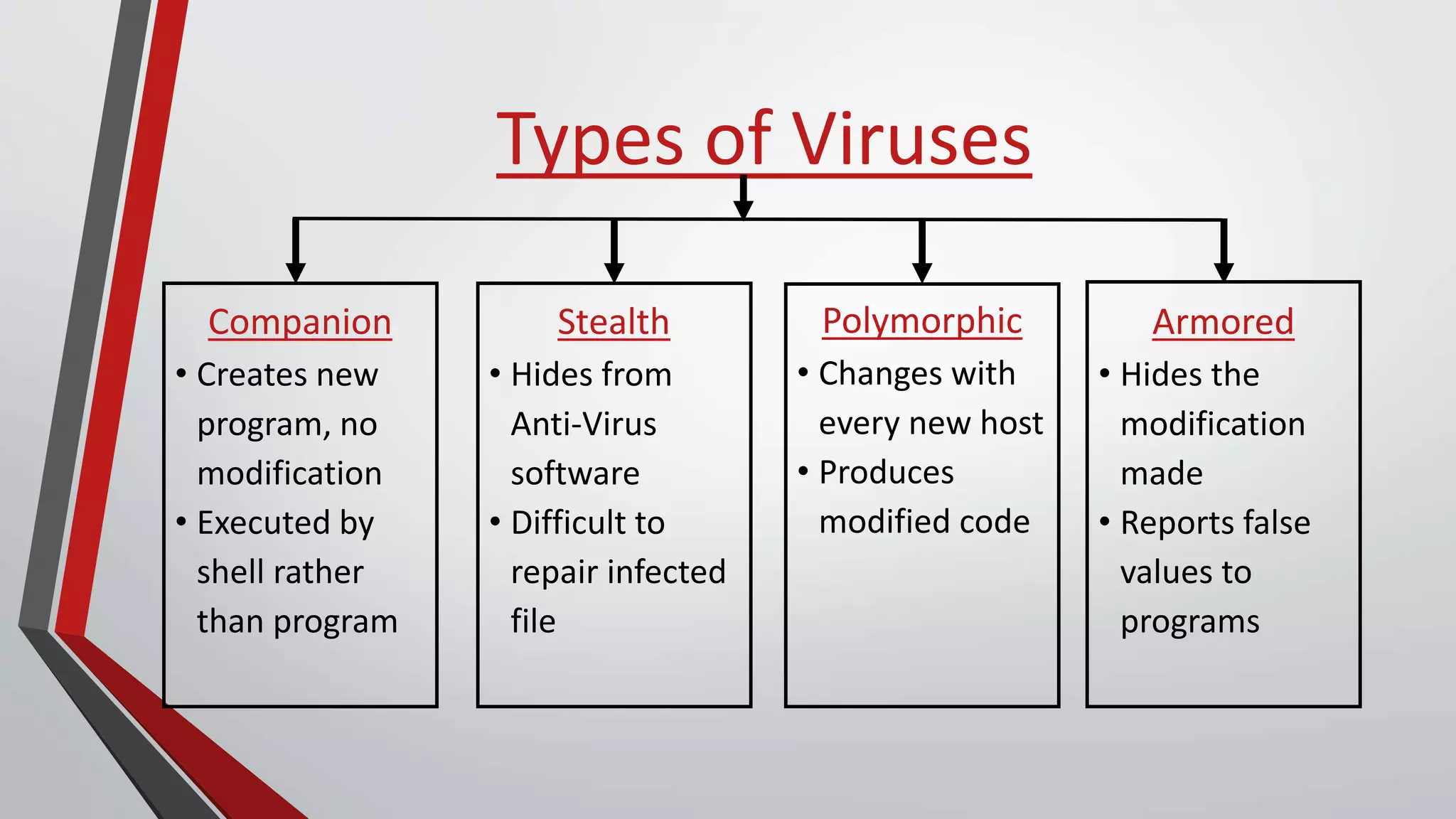 Types of Viruses
Companion
• Creates new
program, no
modification
• Executed by
shell rather
than program
Stealth
• Hides from
Anti-Virus
software
• Difficult to
repair infected
file
Polymorphic
• Changes with
every new host
• Produces
modified code
Armored
• Hides the
modification
made
• Reports false
values to
programs
 