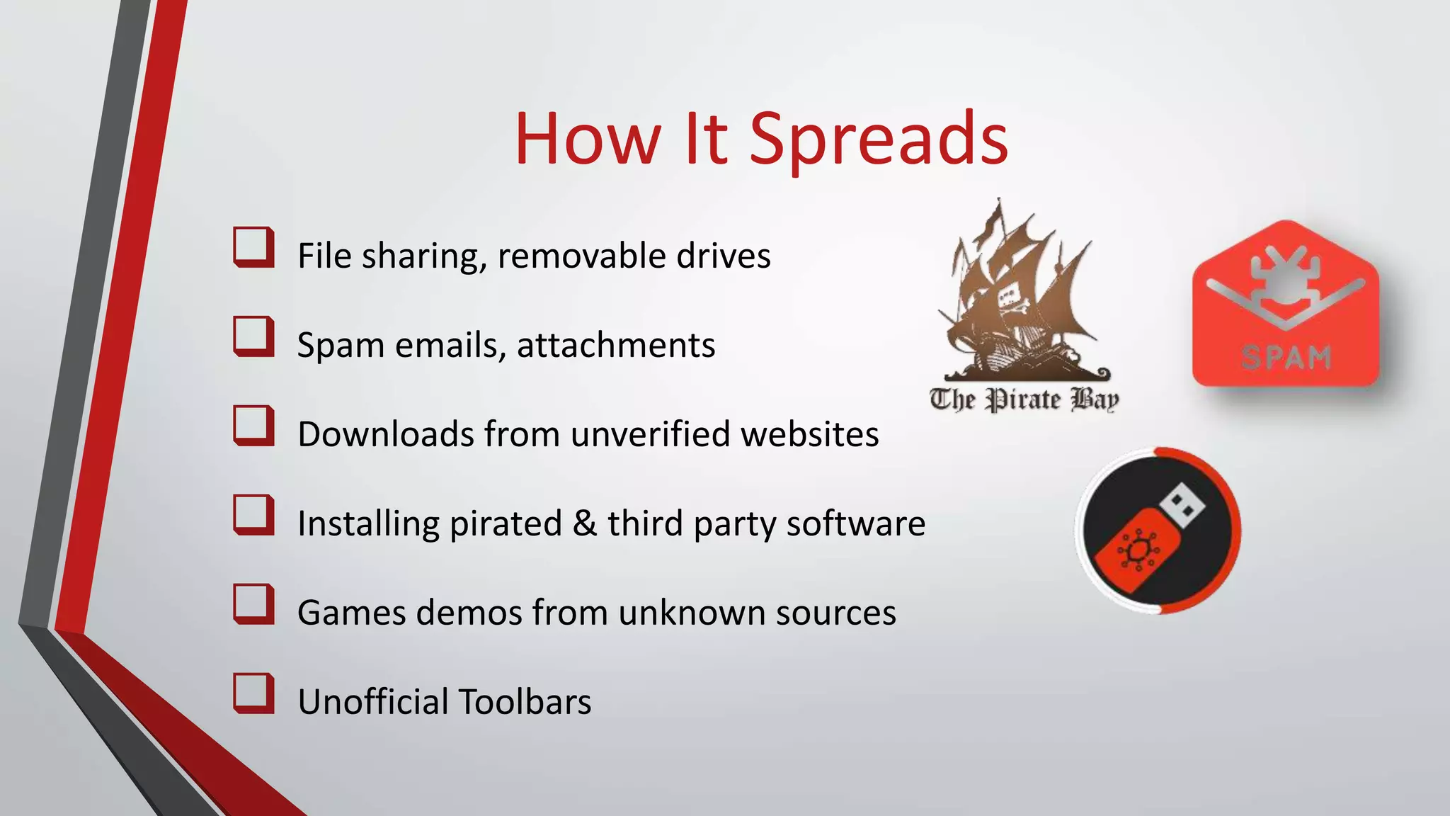 How It Spreads
 File sharing, removable drives
 Spam emails, attachments
 Downloads from unverified websites
 Installing pirated & third party software
 Games demos from unknown sources
 Unofficial Toolbars
 