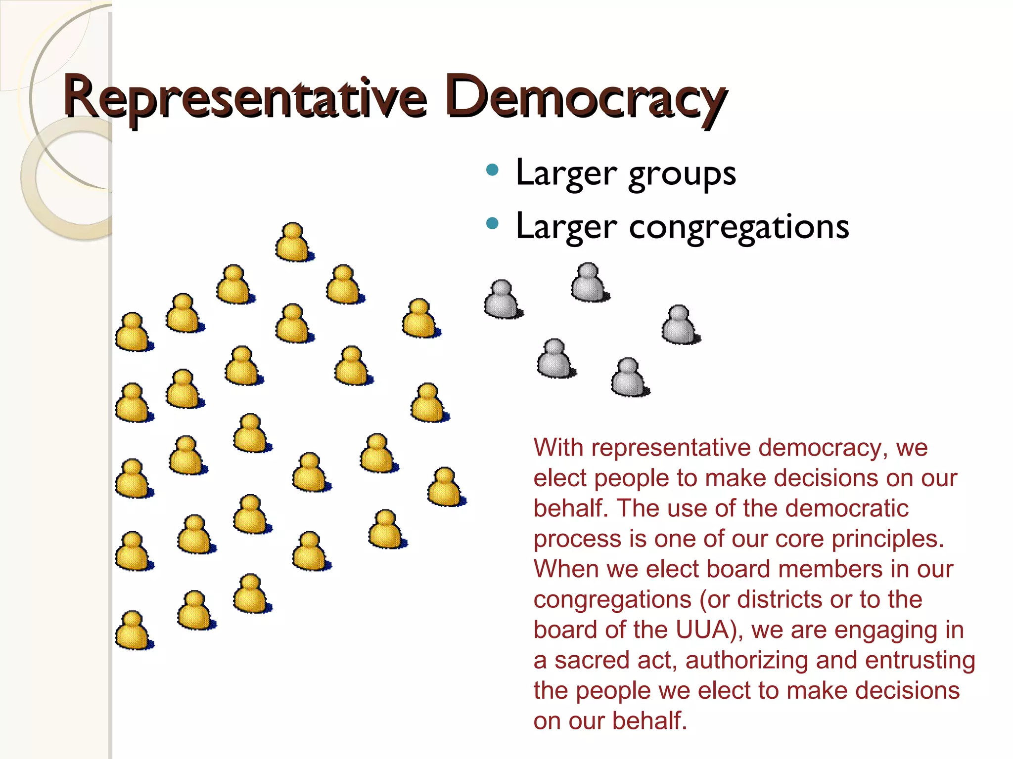 Representative Democracy Larger groups Larger congregations With representative democracy, we elect people to make decisions on our behalf. The use of the democratic process is one of our core principles. When we elect board members in our congregations (or districts or to the board of the UUA), we are engaging in a sacred act, authorizing and entrusting the people we elect to make decisions on our behalf.  