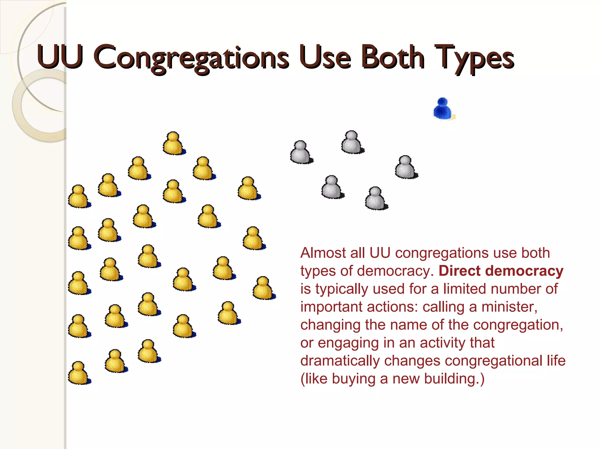 UU Congregations Use Both Types Almost all UU congregations use both types of democracy.  Direct democracy  is typically used for a limited number of important actions: calling a minister, changing the name of the congregation, or engaging in an activity that dramatically changes congregational life (like buying a new building.)  