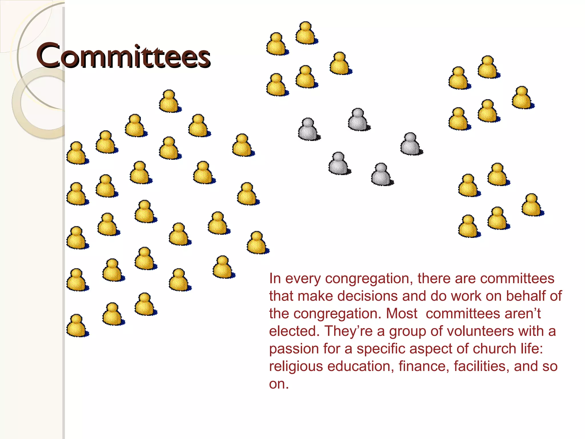 Committees In every congregation, there are committees that make decisions and do work on behalf of the congregation. Most  committees aren’t elected. They’re a group of volunteers with a passion for a specific aspect of church life: religious education, finance, facilities, and so on.  