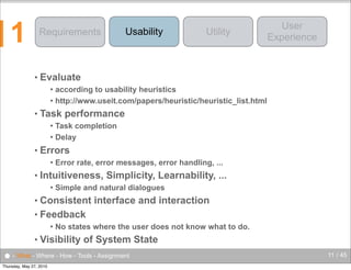 1

Requirements

•

Usability

Utility

User
Experience

Evaluate
according to usability heuristics
 http://www.useit.com/papers/heuristic/heuristic_list.html


•

Task performance
Task completion
 Delay


•

Errors


•

Error rate, error messages, error handling, ...

Intuitiveness, Simplicity, Learnability, ...


Simple and natural dialogues

Consistent interface and interaction
• Feedback
•



•

No states where the user does not know what to do.

Visibility of System State

● - What - Where - How - Tools - Assignment
Thursday, May 27, 2010

11 / 45

 