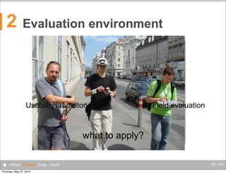 2

Evaluation environment
video camera

audio

usability lab

system

video monitor

tasks

Usability laboratory

one way mirror

facilitator

recording unit

Field evaluation
evaluator

what to apply?
● - What - Where - How - Tools
Thursday, May 27, 2010

16 / 45

 