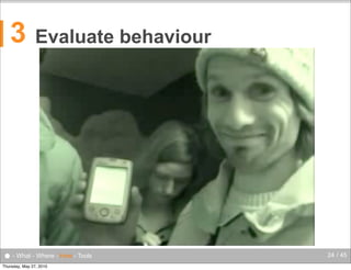 3

Evaluate behaviour

● - What - Where - How - Tools
Thursday, May 27, 2010

24 / 45

 