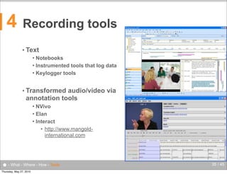 4

Recording tools
• Text
Notebooks
 Instrumented tools that log data
 Keylogger tools


• Transformed

audio/video via
annotation tools
NVivo
 Elan
 Interact
• http://www.mangoldinternational.com


● - What - Where - How - Tools
Thursday, May 27, 2010

35 / 45

 