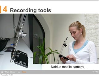 4

Recording tools

Noldus mobile camera ...
● - What - Where - How - Tools
Thursday, May 27, 2010

40 / 45

 