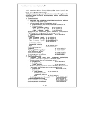 Kanwil DJP Jakarta Khusus-www.kanwilpajakkhusus.go.id
"UU KUP"
- 34 -
sanksi administrasi berupa kenaikan sebesar 100% (seratus persen) dari
jumlah kekurangan pembayaran pajak.
Untuk jelasnya cara penghitungan Surat Ketetapan Pajak Kurang Bayar dan
pengenaan sanksi administrasi berupa kenaikan tersebut diberikan contoh
sebagai berikut:
1) Pajak Penghasilan
– Wajib Pajak telah memperoleh pengembalian pendahuluan kelebihan
pajak sebesar Rp80.000.000,00.
– Dari pemeriksaan diperoleh hasil sebagai berikut:
a. Pajak Penghasilan yang terutang sebesar Rp100.000.000,00
b. Kredit pajak, yaitu:
– Pajak Penghasilan Pasal 22 Rp 20.000.000,00
– Pajak Penghasilan Pasal 23 Rp 40.000.000,00
– Pajak Penghasilan Pasal 25 Rp 90.000.000,00
Berdasarkan hasil pemeriksaan tersebut diterbitkan Surat Ketetapan
Pajak Kurang Bayar dengan penghitungan sebagai berikut:
– Pajak Penghasilan yang terutang sebesar Rp100.000.000,00
Kredit Pajak:
– Pajak Penghasilan Pasal 22 Rp 20.000.000,00
– Pajak Penghasilan Pasal 23 Rp 40.000.000,00
– Pajak Penghasilan Pasal 25 Rp 90.000.000,00 (+)
Rp150.000.000,00
– Jumlah Pengembalian
Pendahuluan Kelebihan
Pajak Rp 80.000.000,00 (-)
Jumlah pajak yang dapat
Dikreditkan Rp 70.000.000,00 (-)
Pajak yang tidak/kurang dibayar Rp 30.000.000,00
Sanksi administrasi berupa
Kenaikan sebesar 100% Rp30.000.000,00(+)
Jumlah yang masih harus Dibayar Rp 60.000.000,00
2) Pajak Pertambahan Nilai
– Pengusaha Kena Pajak telah memperoleh pengembalian
pendahuluan kelebihan pajak sebesar Rp60.000.000,00.
– Dari pemeriksaan diperoleh hasil sebagai berikut:
a. Pajak Keluaran Rp100.000.000,00
b. Kredit pajak, yaitu:
– Pajak Masukan Rp150.000.000,00
– Berdasarkan hasil pemeriksaan tersebut diterbitkan Surat Ketetapan
Pajak Kurang Bayar dengan penghitungan sebagai berikut:
– Pajak Keluaran Rp100.000.000,00
– Kredit Pajak:
– Pajak Masukan Rp150.000.000,00
– Jumlah Pengembalian
Pendahuluan Kelebihan
Pajak Rp 60.000.000,00 (-)
Jumlah pajak yang dapat dikreditkan Rp 90.000.000,00 (-)
Pajak yang tidak/kurang dibayar Rp 10.000.000,00
Sanksi administrasi kenaikan 100% Rp 10.000.000,00(+)
Jumlah yang masih Harus dibayar Rp 20.000.000,00
 