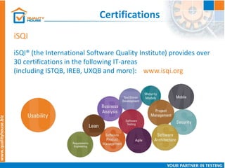 Certifications
iSQI® (the International Software Quality Institute) provides over
30 certifications in the following IT-areas
(including ISTQB, IREB, UXQB and more): www.isqi.org
iSQI
 