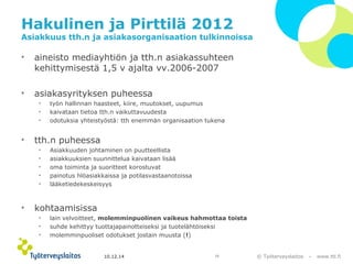 © Työterveyslaitos – www.ttl.fi 
Hakulinen ja Pirttilä 2012 
Asiakkuus tth.n ja asiakasorganisaation tulkinnoissa 
• aineisto mediayhtiön ja tth.n asiakassuhteen 
kehittymisestä 1,5 v ajalta vv.2006-2007 
• asiakasyrityksen puheessa 
• työn hallinnan haasteet, kiire, muutokset, uupumus 
• kaivataan tietoa tth.n vaikuttavuudesta 
• odotuksia yhteistyöstä: tth enemmän organisaation tukena 
• tth.n puheessa 
• Asiakkuuden johtaminen on puutteellista 
• asiakkuuksien suunnittelua kaivataan lisää 
• oma toiminta ja suoritteet korostuvat 
• painotus hlöasiakkaissa ja potilasvastaanotoissa 
• lääketiedekeskeisyys 
• kohtaamisissa 
• lain velvoitteet, molemminpuolinen vaikeus hahmottaa toista 
• suhde kehittyy tuottajapainotteiseksi ja tuotelähtöiseksi 
• molemminpuoliset odotukset jostain muusta (!) 
10.12.14 11 
 