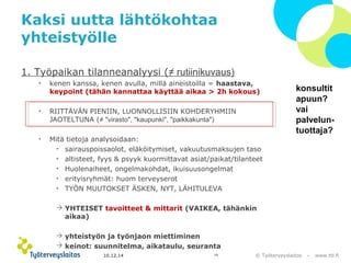 © Työterveyslaitos – www.ttl.fi 
Kaksi uutta lähtökohtaa 
yhteistyölle 
1. Työpaikan tilanneanalyysi (≠ rutiinikuvaus) 
• kenen kanssa, kenen avulla, millä aineistoilla = haastava, 
keypoint (tähän kannattaa käyttää aikaa > 2h kokous) 
• RIITTÄVÄN PIENIIN, LUONNOLLISIIN KOHDERYHMIIN 
JAOTELTUNA (≠ "virasto", "kaupunki", "paikkakunta") 
• Mitä tietoja analysoidaan: 
• sairauspoissaolot, eläköitymiset, vakuutusmaksujen taso 
• altisteet, fyys & psyyk kuormittavat asiat/paikat/tilanteet 
• Huolenaiheet, ongelmakohdat, ikuisuusongelmat 
• erityisryhmät: huom terveyserot 
• TYÖN MUUTOKSET ÄSKEN, NYT, LÄHITULEVA 
 YHTEISET tavoitteet & mittarit (VAIKEA, tähänkin 
aikaa) 
 yhteistyön ja työnjaon miettiminen 
 keinot: suunnitelma, aikataulu, seuranta 
10.12.14 19 
konsultit 
apuun? 
vai 
palvelun-tuottaja? 
 