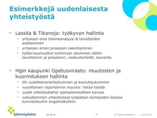 © Työterveyslaitos – www.ttl.fi 
Esimerkkejä uudenlaisesta 
yhteistyöstä 
• Lassila & Tikanoja: työkyvyn hallinta 
• yrityksen oma tilanneanalyysi & tavoitteiden 
asettaminen 
• yrityksen oman prosessin rakentaminen 
• työterveyshuollon toiminnan sitominen näihin 
tavoitteisiin ja prosessiin, vastuuhenkilöt, seuranta 
• Hgin kaupunki Opetusvirasto: muutosten ja 
kuormituksen hallinta 
• tth uudelleenorientoituminen ja kouluttautuminen 
• vuosittaisen raportoinnin muutos: tietoa työstä 
• uudet yhteistyötahot opetuskonsulttien kanssa 
• vaikuttaminen yhteistyössä työpaikan toimijoiden kanssa 
tunnistettuihin ongelmakohtiin 
10.12.14 26 
 