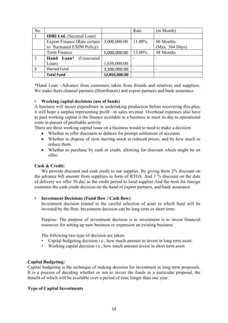 19
No. Rate (in Month)
1 IDBI Ltd. (Secured Loan)
Export Finance (Rate certain
to fluctuated EXIM Policy)
3,000,000.00 11.00% 06 Months
(Max. 364 Days)
Term Finance 5,000,000.00 13.00% 48 Months
2 Hand Loan* (Unsecured
Loan) 1,650,000.00
- -
3 Owned Fund 3,200,000.00 - -
Total Fund 12,850,000.00
*Hand Loan –Advance from customers taken from friends and relatives and suppliers.
We make them channel partners (Distributors) and export partners and bank assurance.
• Working capital decisions (use of funds)
A business will incurs expenditure in undertaking production before recovering this-plus,
it will hope a surplus representing profit –in sales revenue. Overhead expenses also have
to paid working capital is the finance available to a business to meet its day to operational
costs in pursuit of profitable activity
There are three working capital issue on a business would to need to make a decision
Whether to offer discounts to debtors for prompt settlement of accounts
Whether to dispose of slow moving stock at reduced prices, and by how much to
reduce them.
Whether to purchase by cash or credit, allowing for discount which might be on
offer.
Cash & Credit:
We provide discount and cash credit to our supplier. By giving them 2% discount on
the advance bill amount from suppliers in form of RTGS. And 1 % discount on the date
of delivery we offer 30 day as the credit period to local supplier.And the term for foreign
customer the cash credit decision on the hand of export partners, and bank assurance.
• Investment Decisions (Fund flow / Cash flow)
Investment decision related to the careful selection of asset in which fund will be
invested by the firm. Investment decision can be long term or short term.
Purpose: The purpose of investment decision is to investment is to invest financial
resources for setting up new business or expansion an existing business.
The following two type of decision are taken:
• Capital budgeting decision i.e., how much amount to invest in long term asset.
• Working capital decision i.e., how much amount invest in short term asset.
Capital Budgeting:
Capital budgeting is the technique of making decision for investment in long term proposals.
It is a process of deciding whether or not to invest the funds in a particular proposal, the
benefit of which will be available over a period of time longer than one year.
Type of Capital Investments
 