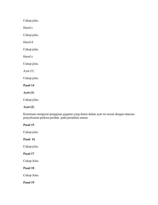 Cukup jelas.
Huruf c
Cukup jelas.
Huruf d
Cukup jelas.
Huruf e
Cukup jelas.
Ayat (3)
Cukup jelas.
Pasal 14
Ayat (1)
Cukup jelas.
Ayat (2)
Ketentuan mengenai pengajuan gugatan yang diatur dalam ayat ini sesuai dengan tatacara
penyelesaian perkara perdata pada peradilan umum.
Pasal 15
Cukup jelas
Pasal 16
Cukup jelas.
Pasal 17
Cukup Jelas.
Pasal 18
Cukup Jelas.
Pasal 19
 