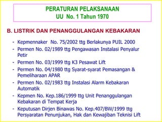 PERATURAN PELAKSANAAN
UU No. 1 Tahun 1970
- Kepmennaker No. 75/2002 ttg Berlakunya PUIL 2000
- Permen No. 02/1989 ttg Pengawasan Instalasi Penyalur
Petir
- Permen No. 03/1999 ttg K3 Pesawat Lift
- Permen No. 04/1980 ttg Syarat-syarat Pemasangan &
Pemeliharaan APAR
- Permen No. 02/1983 ttg Instalasi Alarm Kebakaran
Automatik
- Kepmen No. Kep.186/1999 ttg Unit Penanggulangan
Kebakaran di Tempat Kerja
- Keputusan Dirjen Binawas No. Kep.407/BW/1999 ttg
Persyaratan Penunjukan, Hak dan Kewajiban Teknisi Lift
B. LISTRIK DAN PENANGGULANGAN KEBAKARAN
 